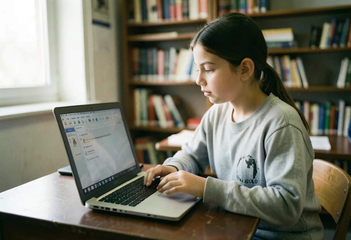 A student using speech-to-text software in a bright classroom, ADD study tips.