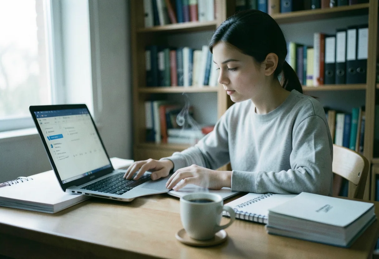 A student studies at a desk with organized notebooks and a laptop. ADHD study habits.