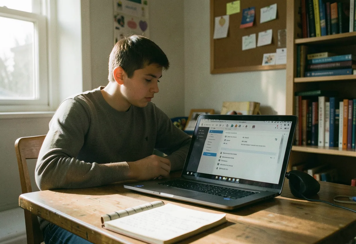 A student focused on homework at a cluttered desk, ADHD study skills strategies visible.