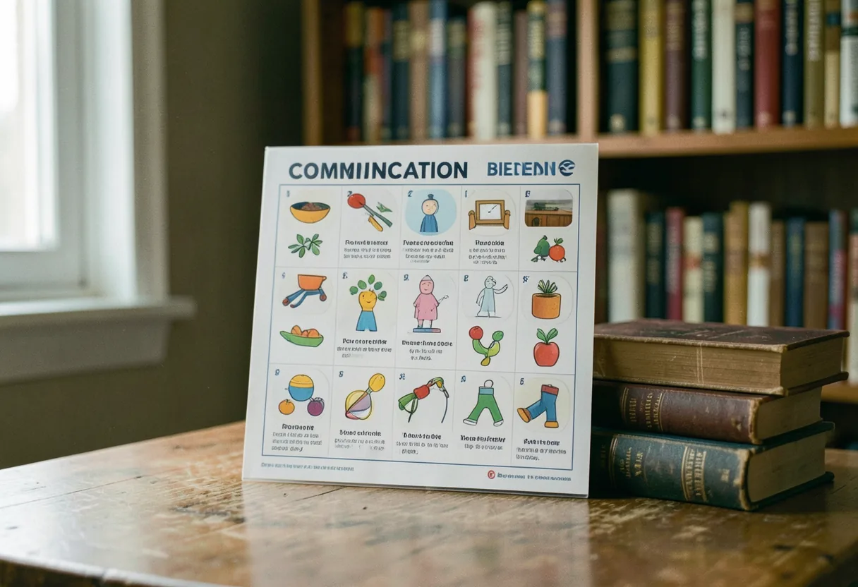 A communication board guide for beginners on a wooden surface, muted colors, soft lighting.