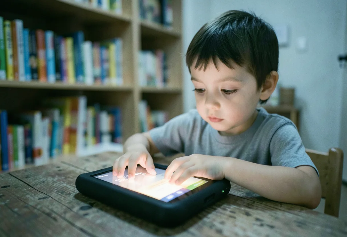 Child using communication device at table, augmentative and alternative communication (AAC) in action.