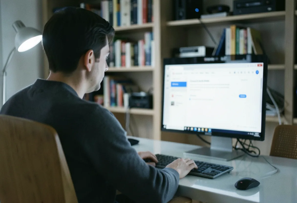 A person at a minimalist desk, using a sleek laptop, Google Text-to-Audio features guide.