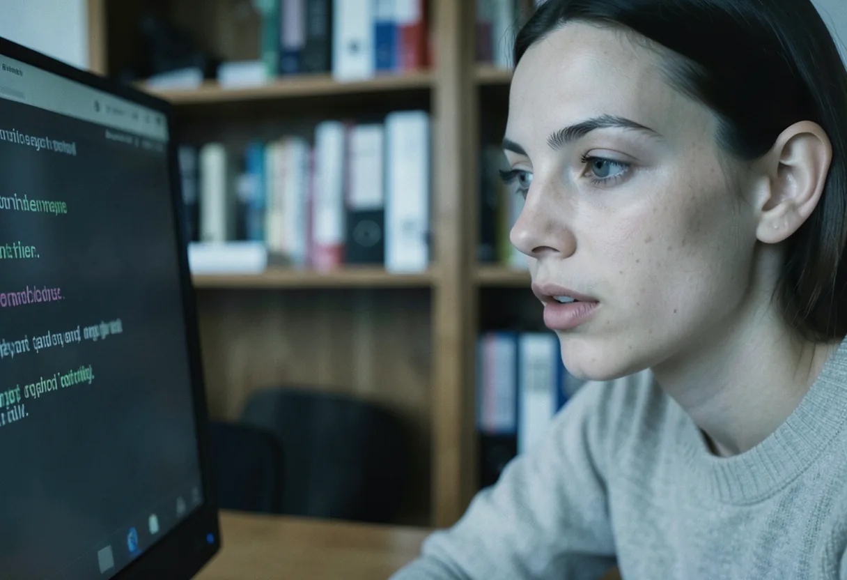 Person reading text on computer screen, muted colors, soft lighting, fast web reading.