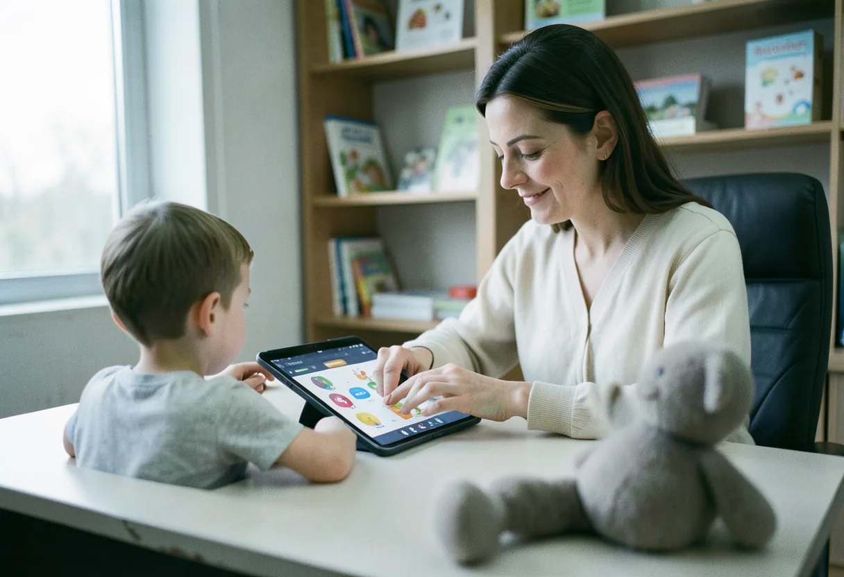 Speech therapist tracking child's language progress with notes and chart, Mean Length of Utterance.