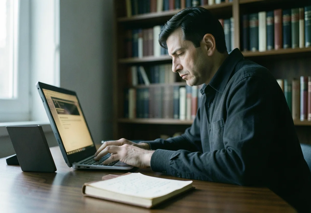 A person typing on a laptop at a walnut desk, natural writer vs traditional TTS tools.