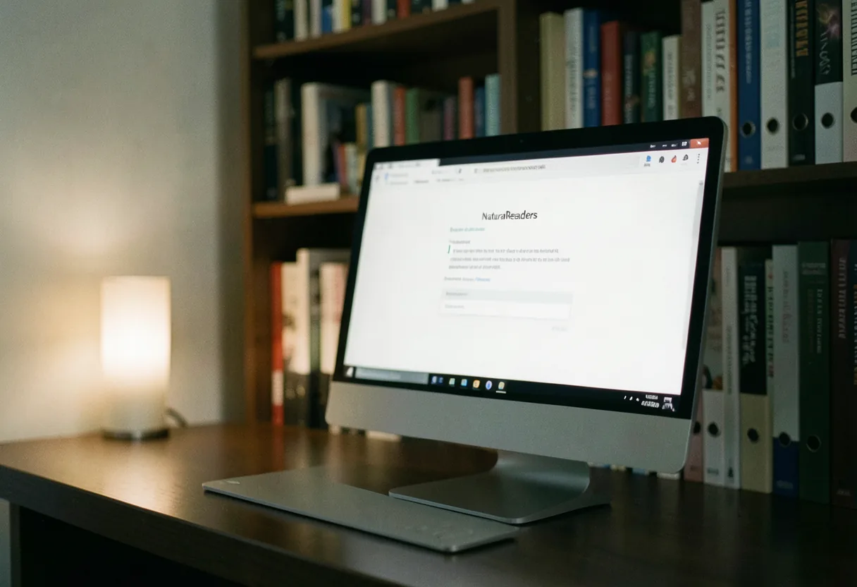A muted computer monitor displaying NaturalReaders text-to-speech interface on a dark desk.