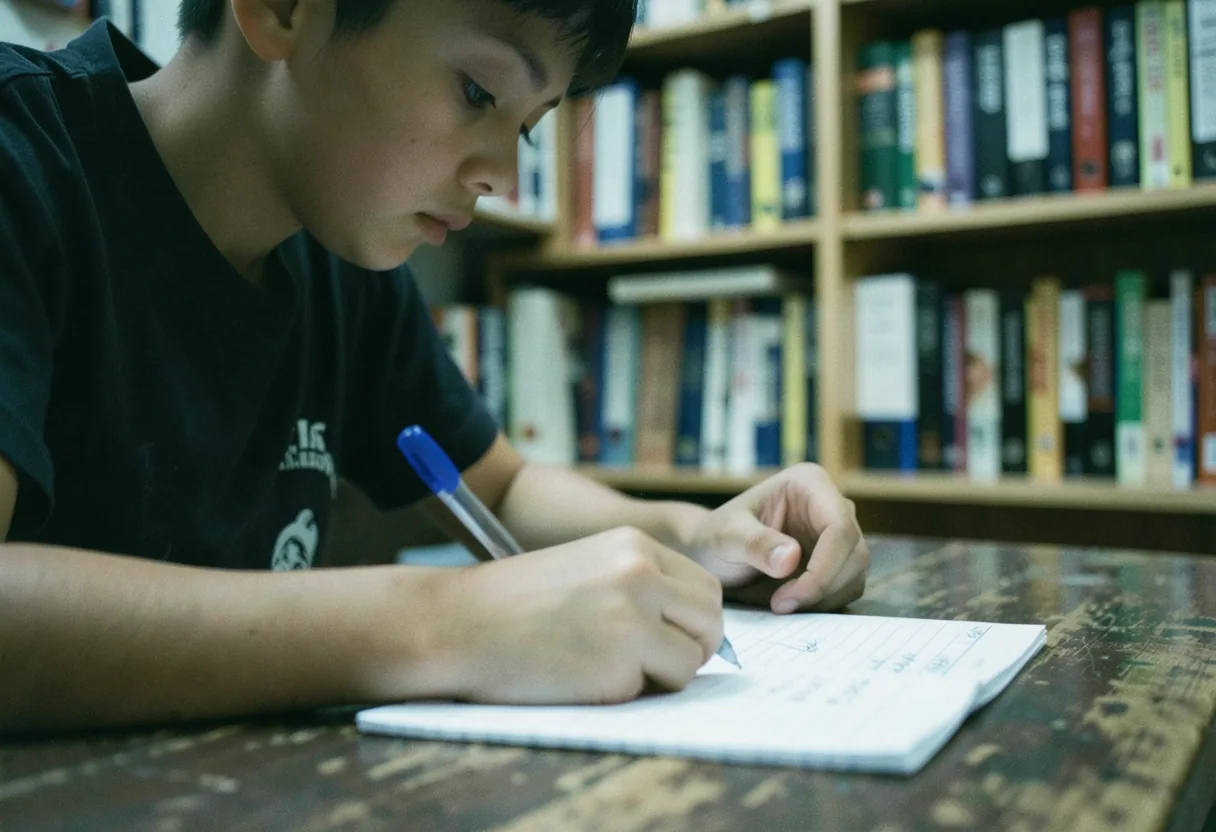 Student taking notes in a library, academic support options.