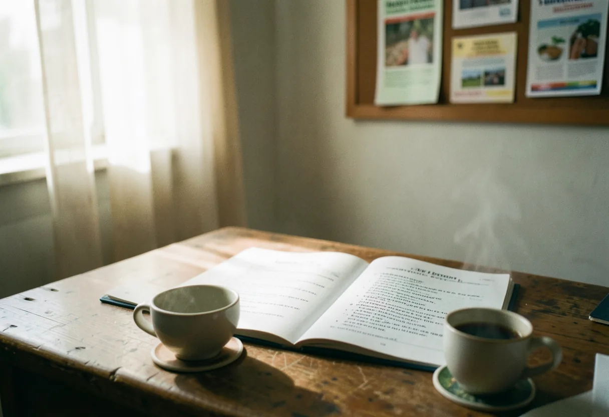 A study room with warm light, a notebook, and pen on a desk. Grammar exercises.