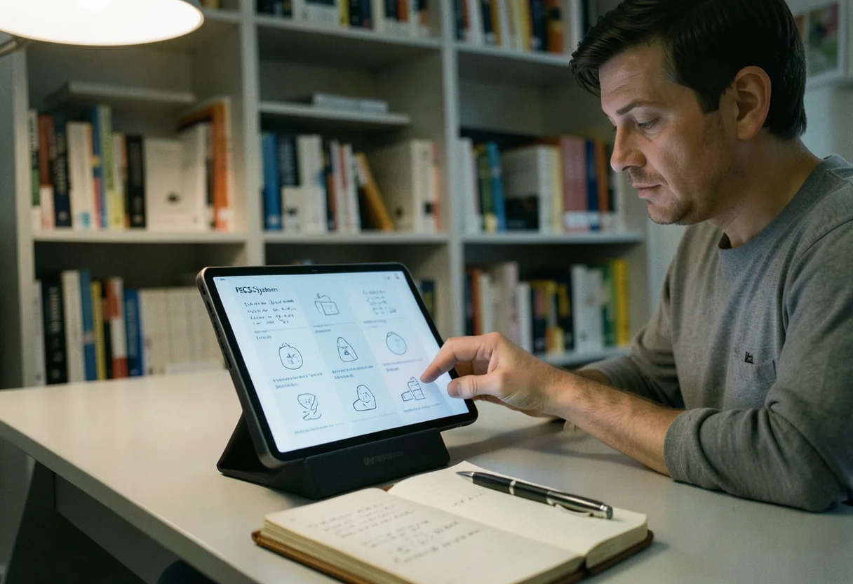 A person using PECS System tablet on a modern desk, PECS System training guide.