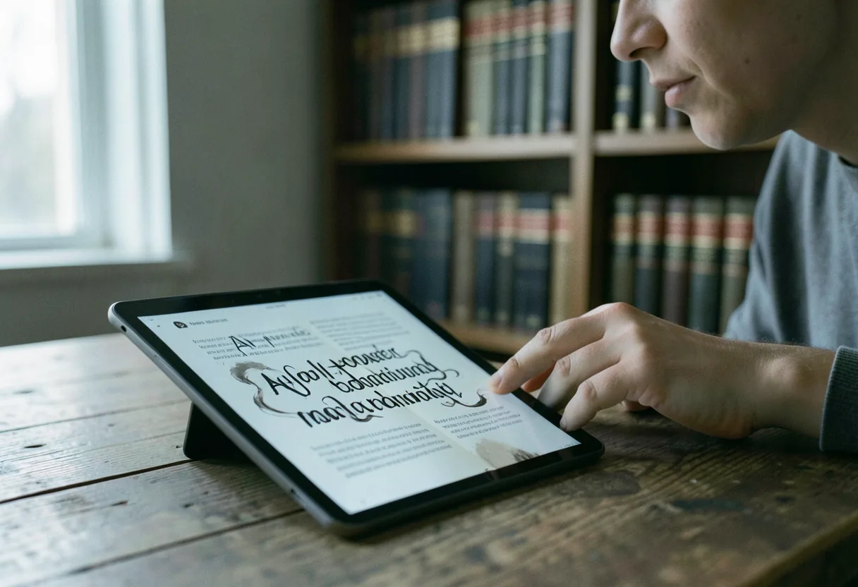 Person reading animated text on tablet, futuristic narration technology, soft lighting.