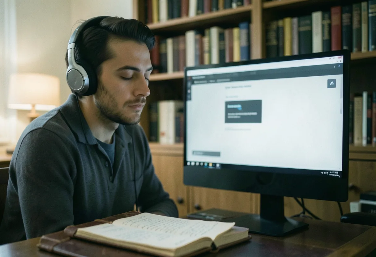 Person reading aloud in a softly lit study, digital consumption tools on desk.