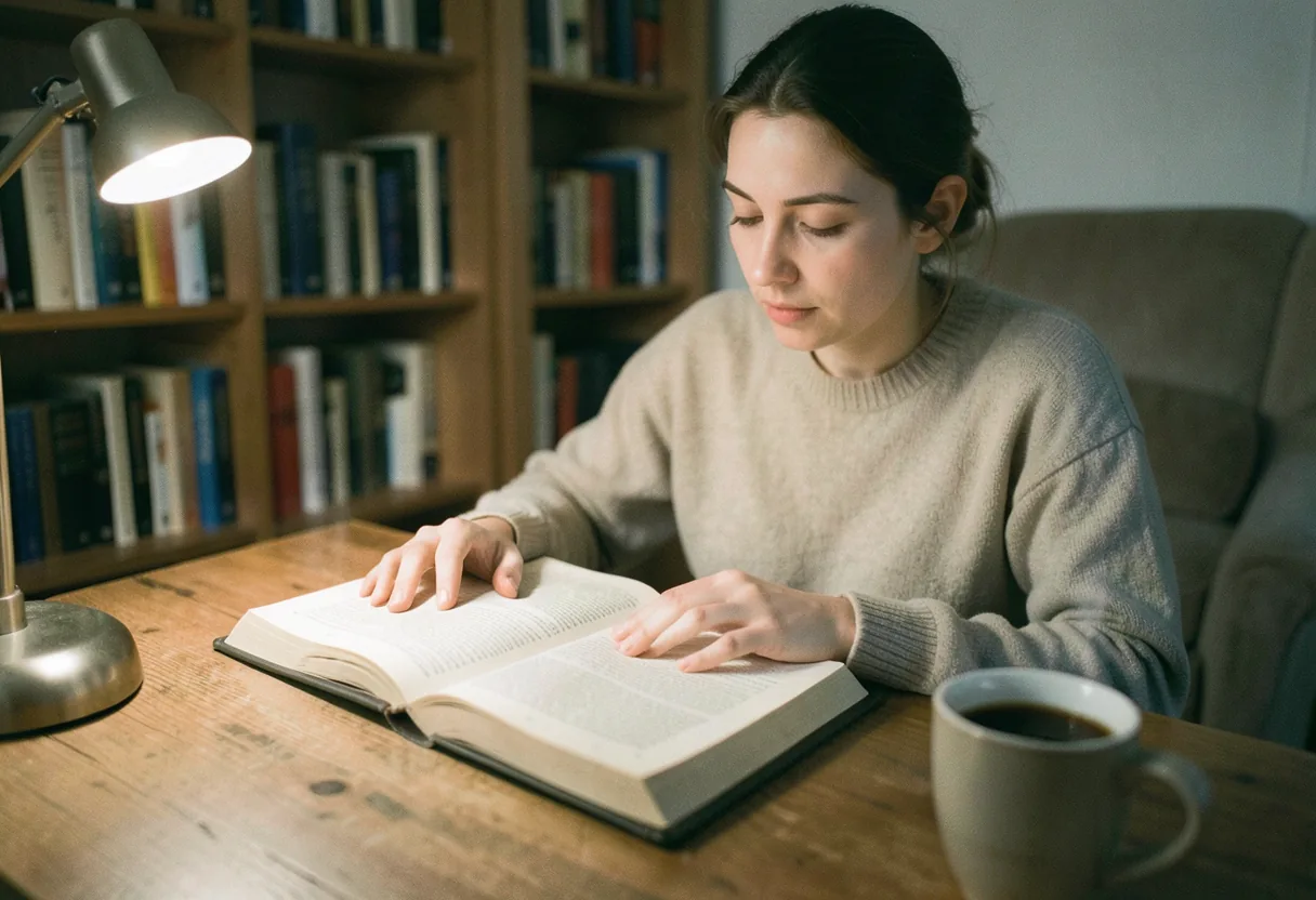 Person reading aloud from a book at a wooden table, accessibility features.