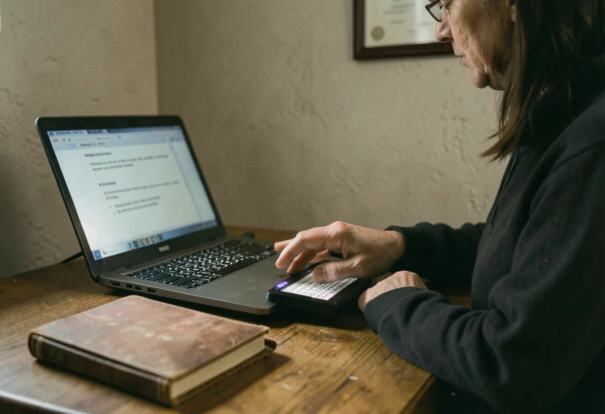 Blind person using Braille display on desk, screen reader navigation tips.