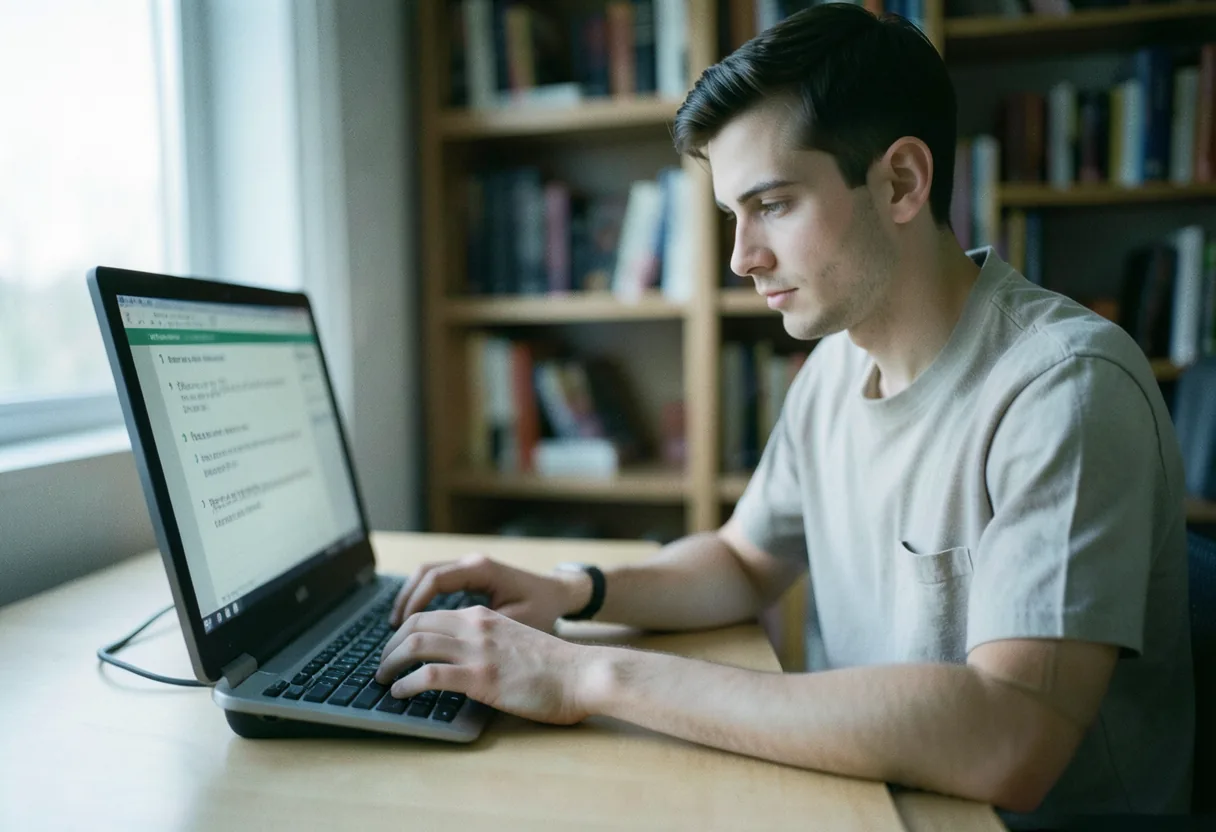 A person thinking at a desk with hands on a keyboard, critical thinking examples.