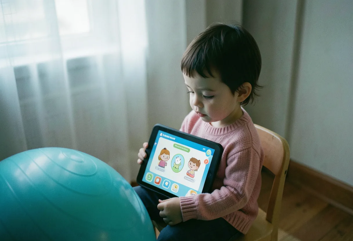 Child engaging with therapist using turquoise toys in cozy therapy room, speech therapy for 3 year olds.