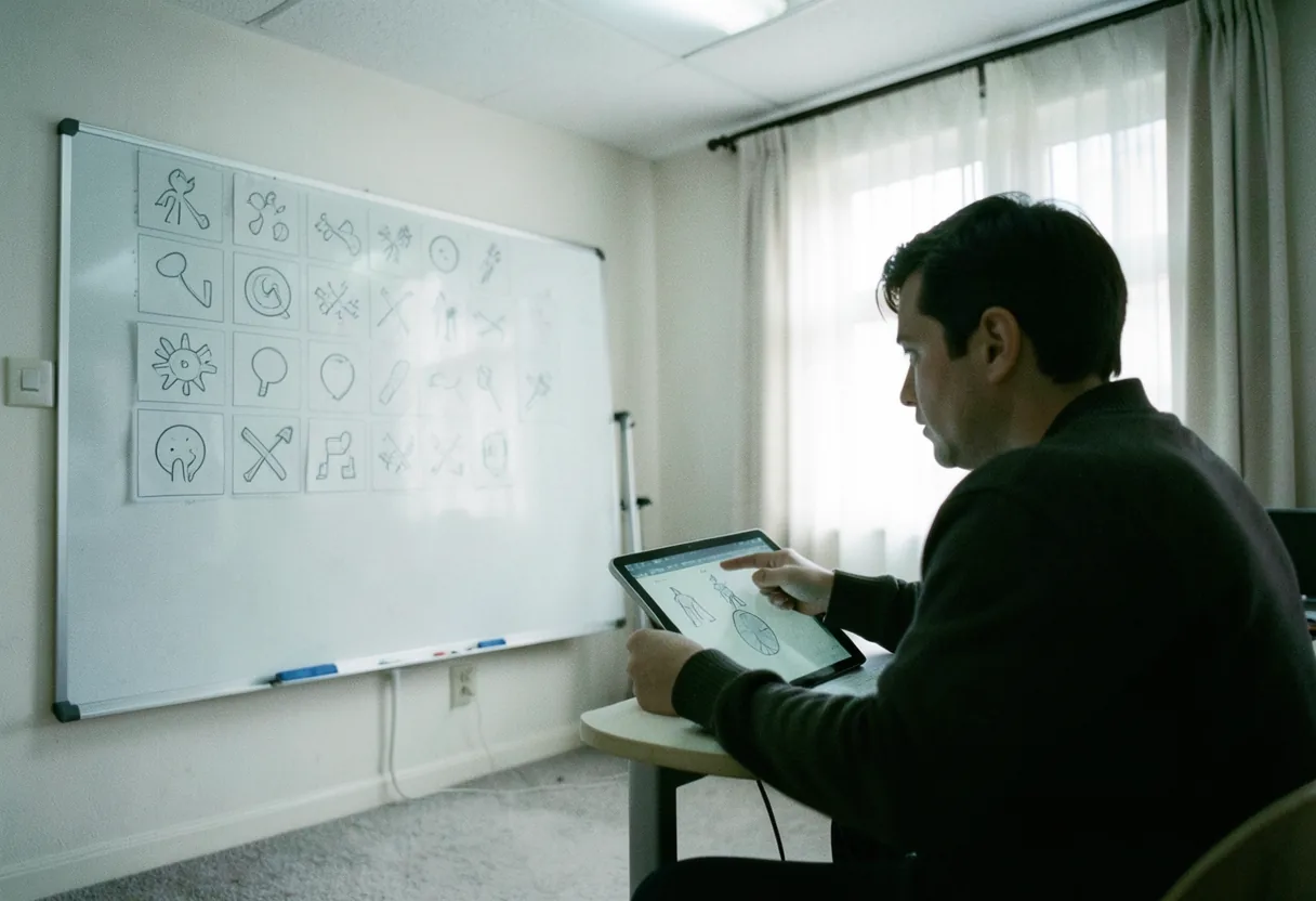 A whiteboard with a grid of clear, hand-drawn symbols in a softly lit room. Communication visual aids.