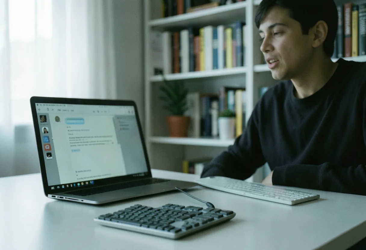 Softly lit workspace with a modern desk, showcasing text-speaking app hands-free writing tips.