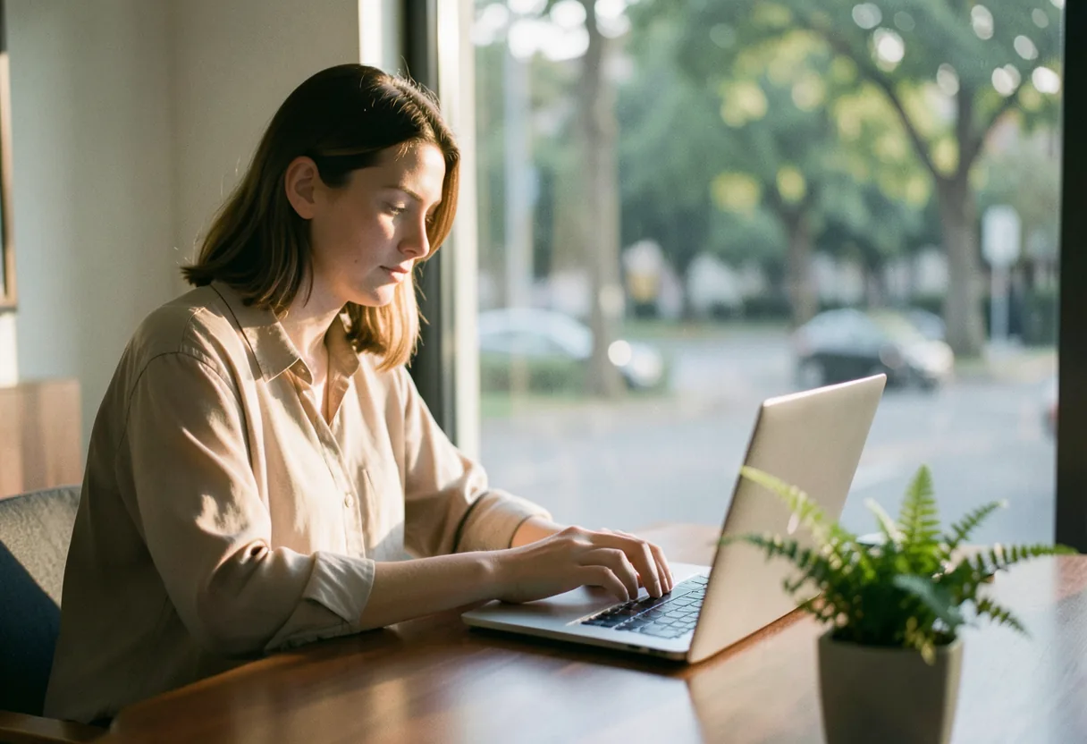 Person using text-to-speech software on a laptop, text to vocal conversion.