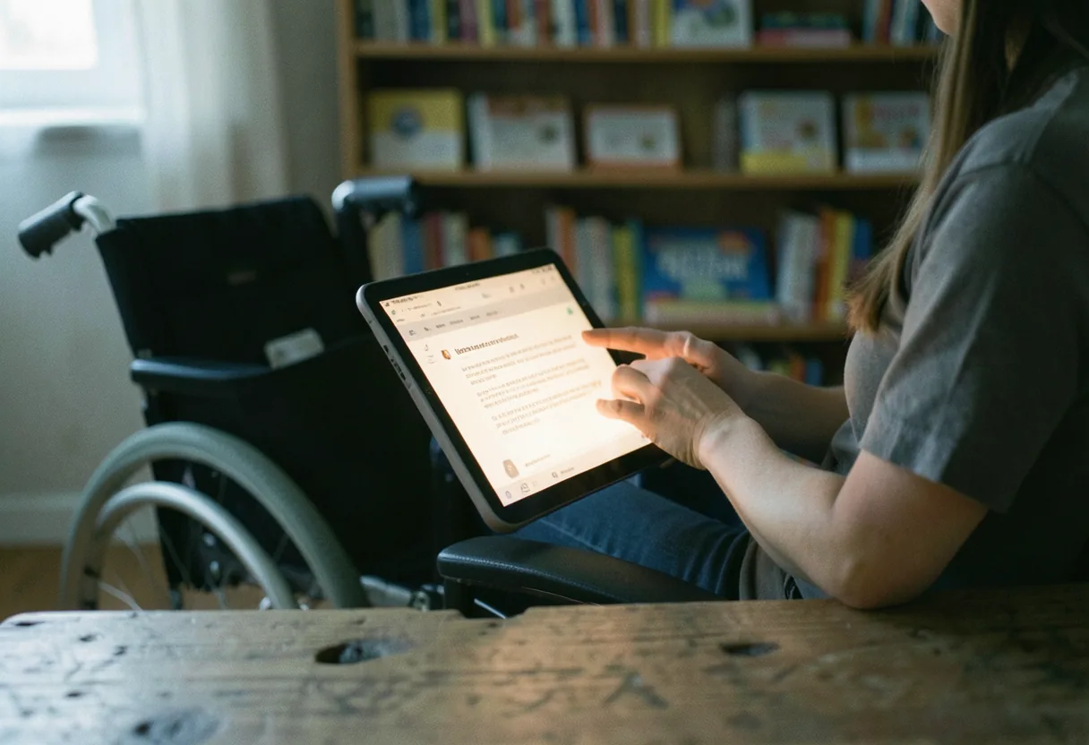 Person in wheelchair using tablet, legal and educational rights for disabled individuals.
